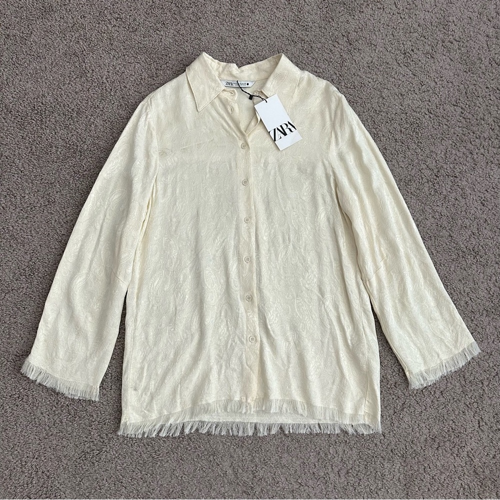 Zara Ivory Paisley Jacquard Fringed Button Up Shirt Womens Size XS